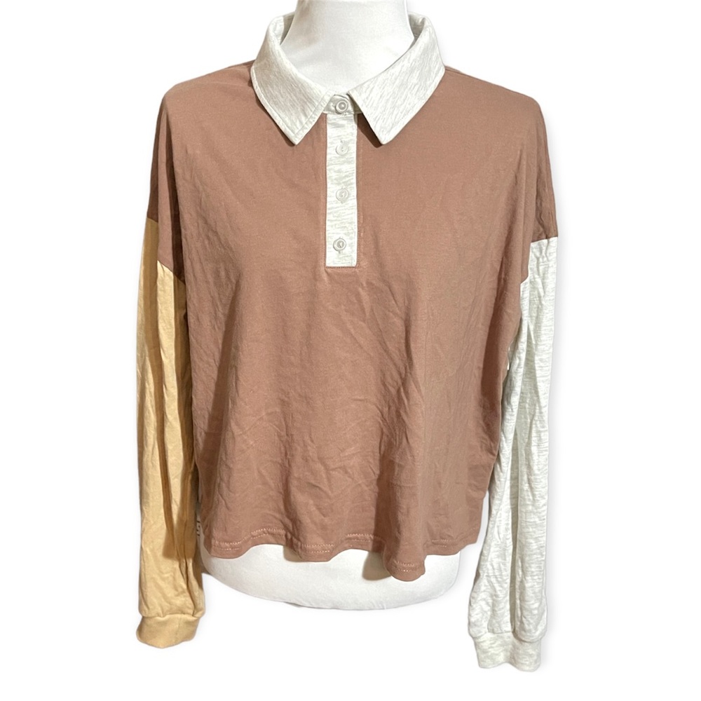 NWT Forever 21 brown grey yellow color blocks polo loose fit size 0X shirt